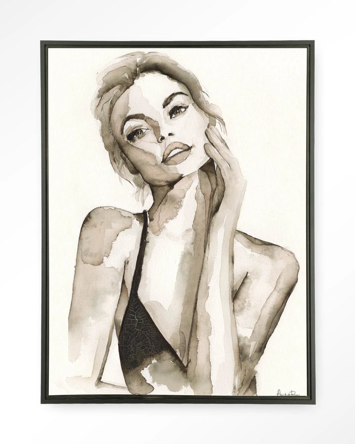 Kunsttrykk på syrefritt papir, lerret og glass. Motiv: kvinne med blikket rettet mot tilskueren. Akvarellmaling 