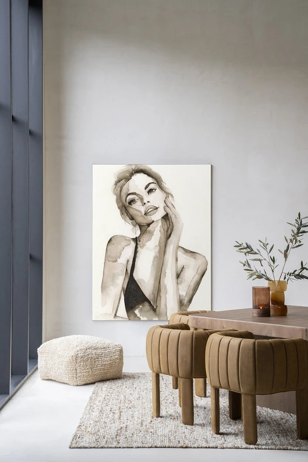 Kunsttrykk på syrefritt papir, lerret og glass. Motiv: kvinne med blikket rettet mot tilskueren. Akvarellmaling 