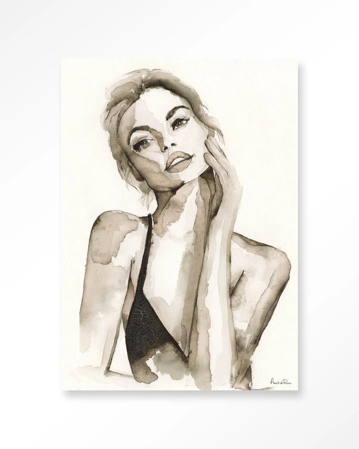Kunsttrykk på syrefritt papir, lerret og glass. Motiv: kvinne med blikket rettet mot tilskueren. Akvarellmaling 