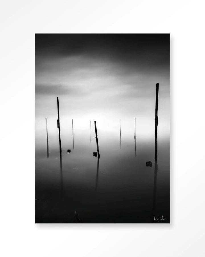 Kunsttrykk på syrefritt papir, lerret og glass. Svart-hvit foto av påler eller stokker som stikker opp fra en sjø. 