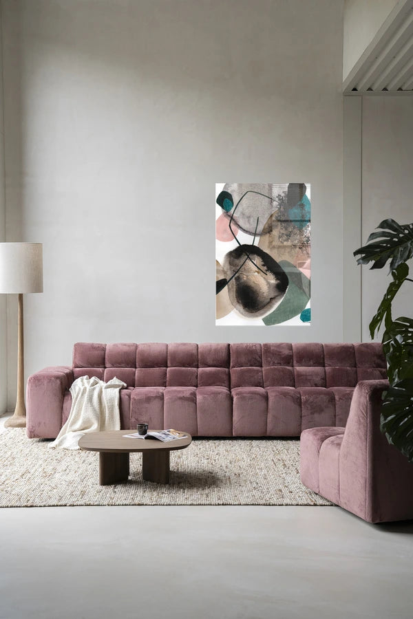 Abstrakt maleri med fargeflater i grønt, brunt, hvitt og rosa. Kunsttrykk på syrefritt papir, lerret og glass. 