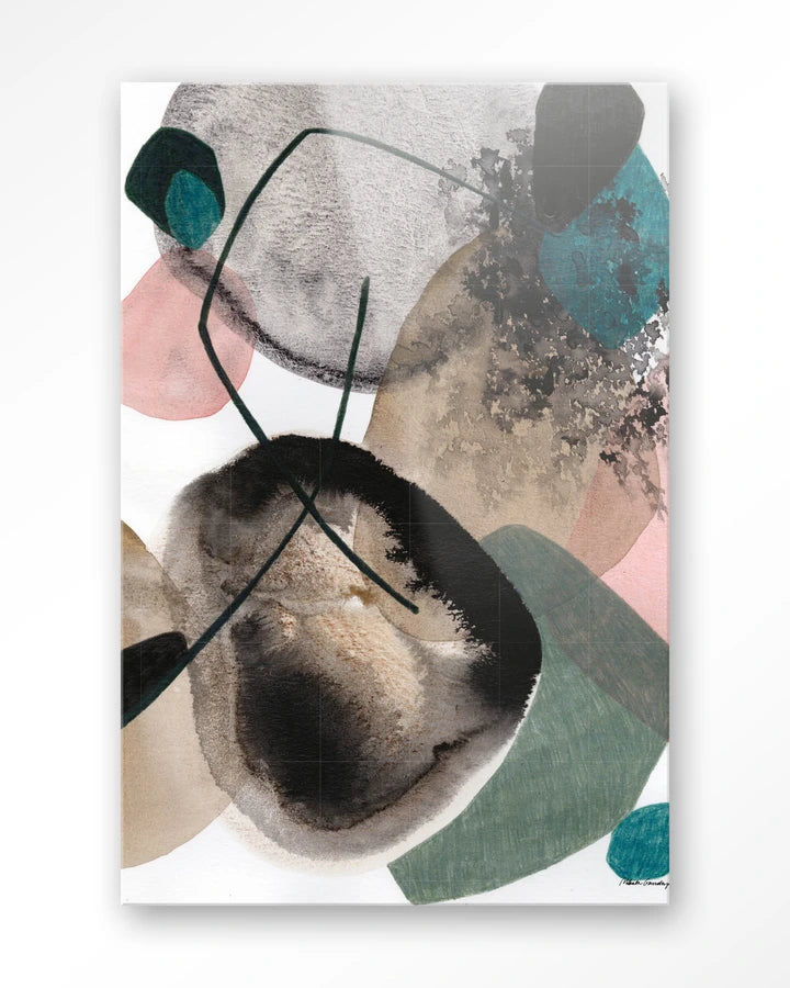 Abstrakt maleri med fargeflater i grønt, brunt, hvitt og rosa. Kunsttrykk på syrefritt papir, lerret og glass. 