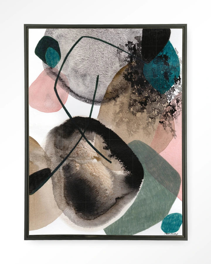 Abstrakt maleri med fargeflater i grønt, brunt, hvitt og rosa. Kunsttrykk på syrefritt papir, lerret og glass. 