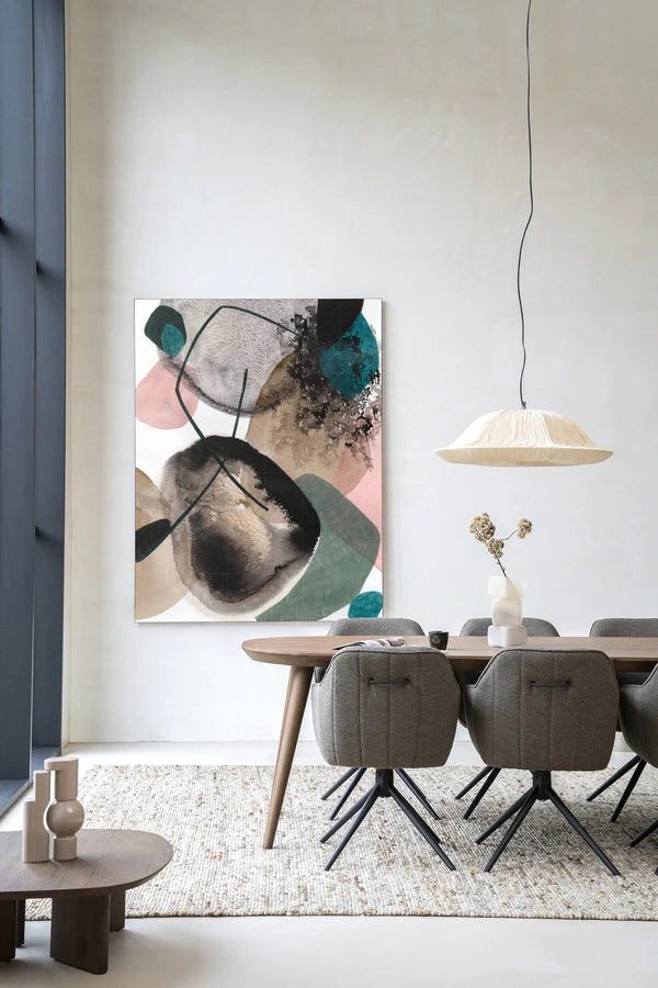 Abstrakt maleri med fargeflater i grønt, brunt, hvitt og rosa. Kunsttrykk på syrefritt papir, lerret og glass. 