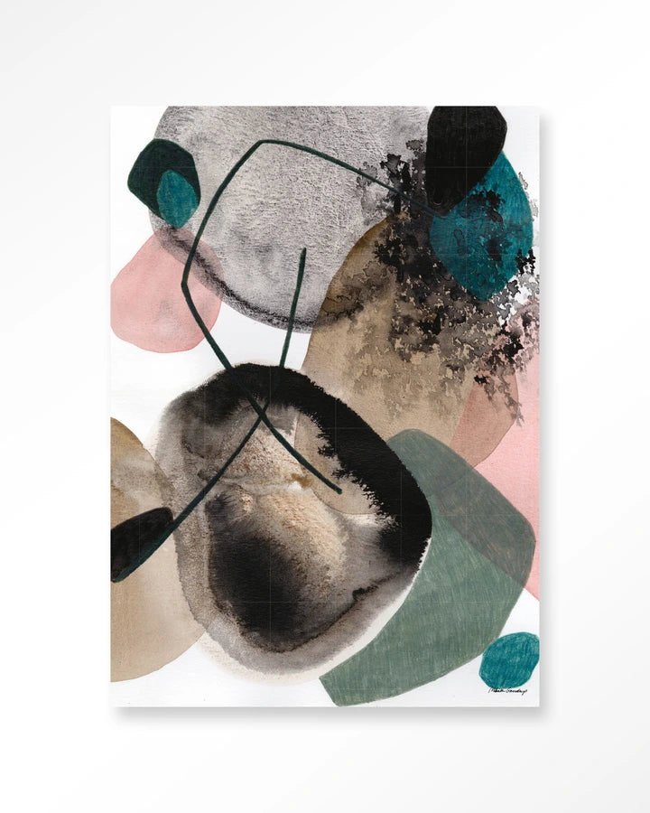 Abstrakt maleri med fargeflater i grønt, brunt, hvitt og rosa. Kunsttrykk på syrefritt papir, lerret og glass. 