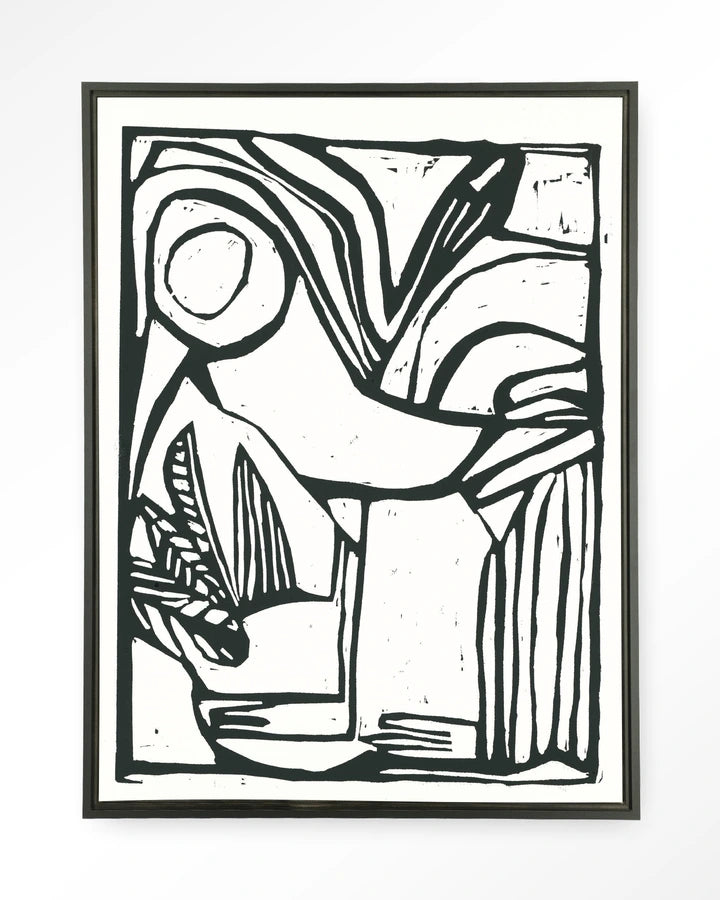 Kunsttrykk på syrefritt papir, lerret og glass. Abstrakt motiv, svarte streker mot hvit bakgrunn.