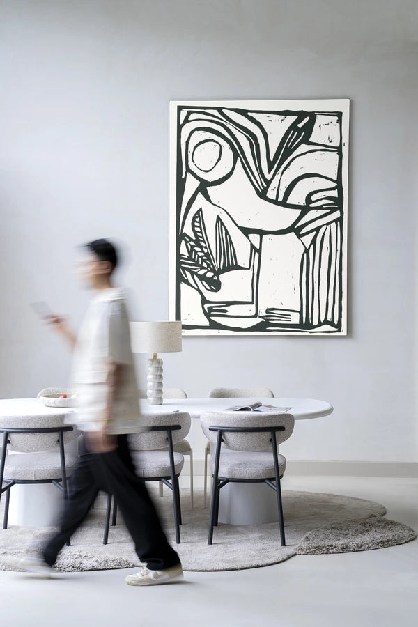 Kunsttrykk på syrefritt papir, lerret og glass. Abstrakt motiv, svarte streker mot hvit bakgrunn.