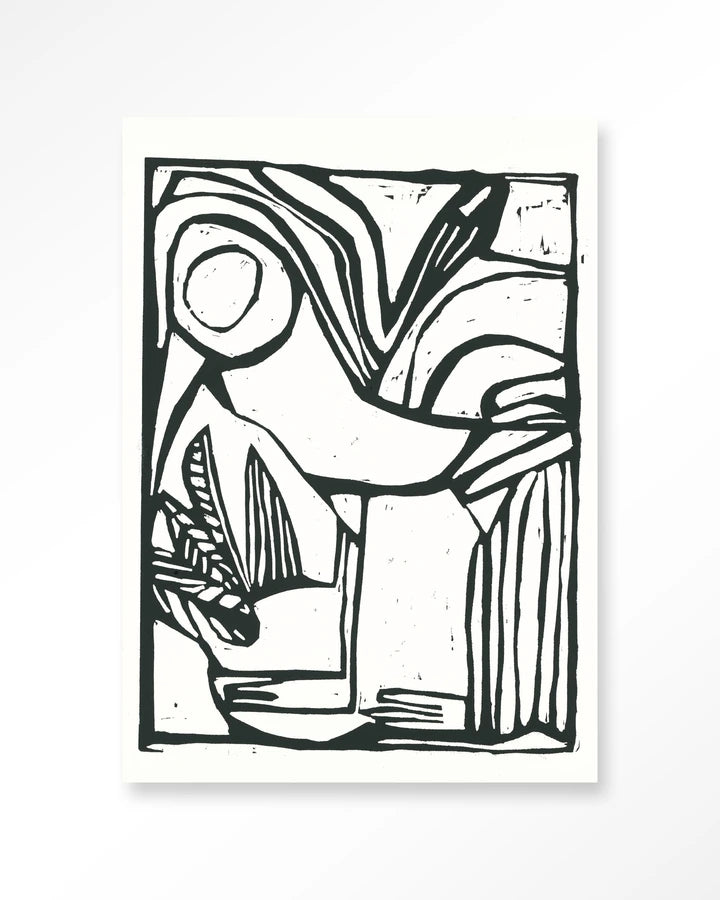 Kunsttrykk på syrefritt papir, lerret og glass. Abstrakt motiv, svarte streker mot hvit bakgrunn.