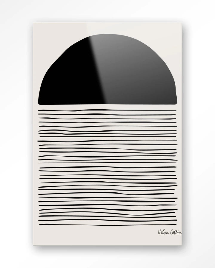 Abstrakt bildekunst med høy kontrast mellom svart og beige. Kunsttrykk på syrefritt papir, lerret og glass. 