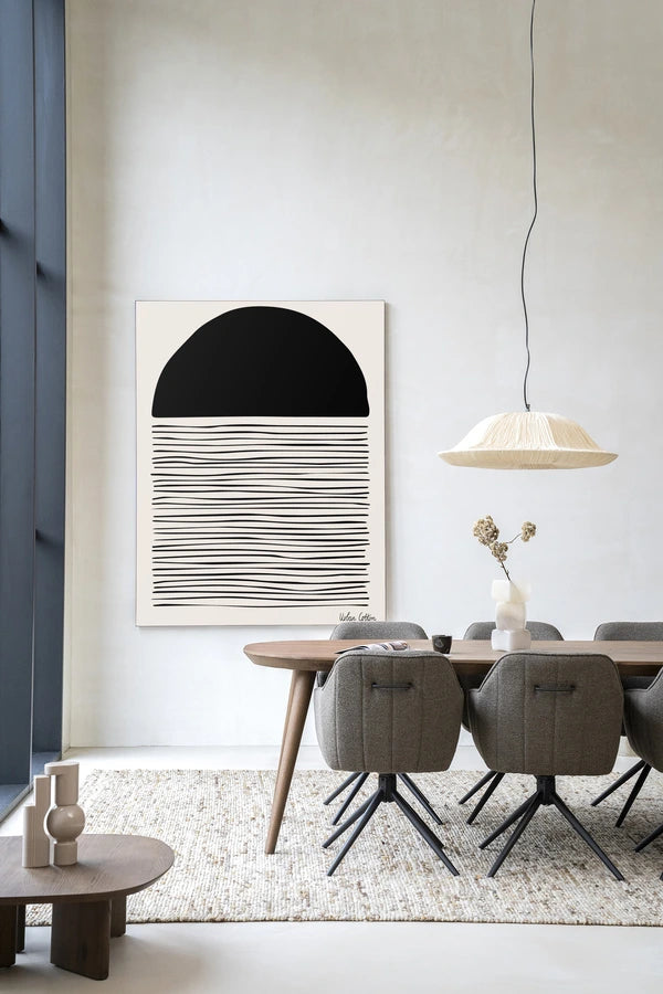 Abstrakt bildekunst med høy kontrast mellom svart og beige. Kunsttrykk på syrefritt papir, lerret og glass. 