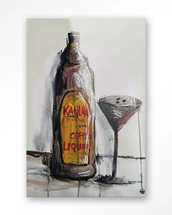 Maleri av flaske og glass. Kunsttrykk på syrefritt papir, lerret og glass. 