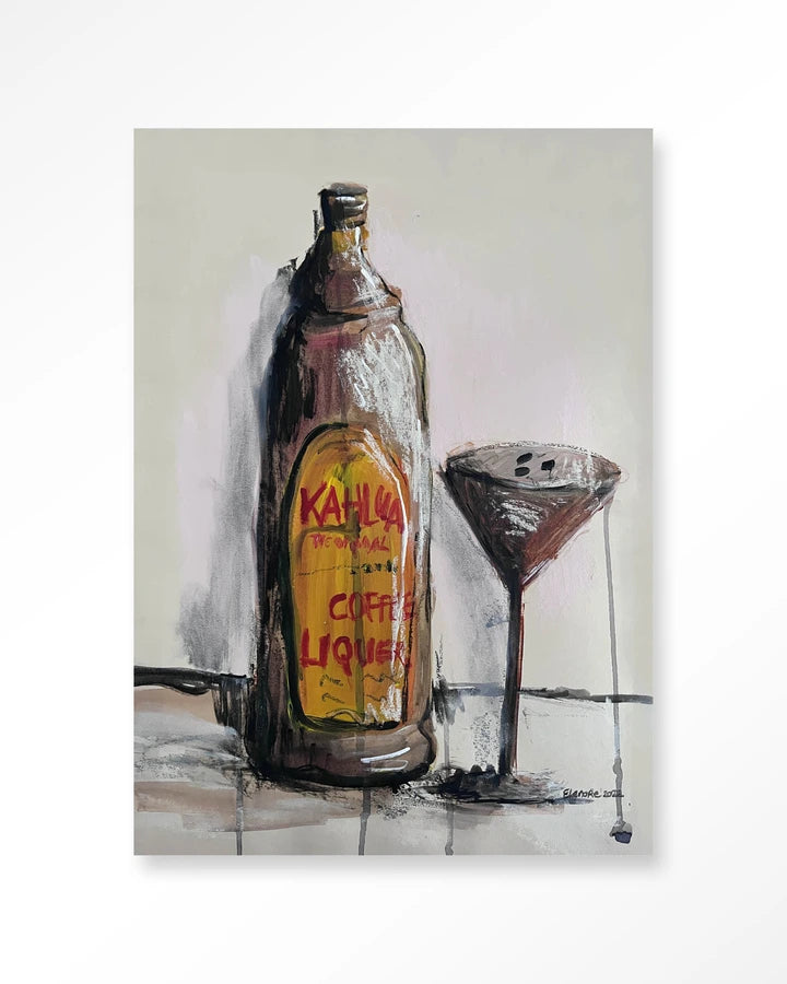 Maleri av flaske og glass. Kunsttrykk på syrefritt papir, lerret og glass. 