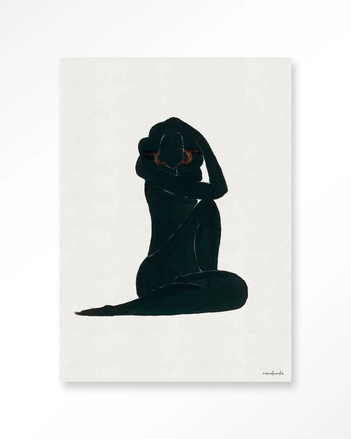 Kunsttrykk på syrefritt papir, lerret og glass. Motiv av svart, kvinnelig siluett mot hvit bakgrunn.