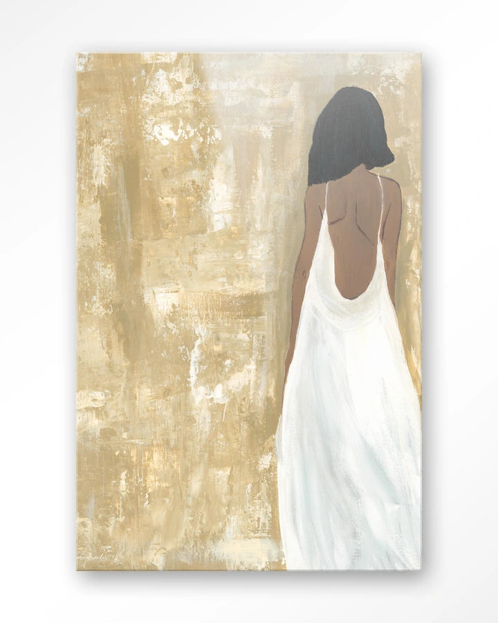 Kunsttrykk på sherdet glass. Motiv: Dame med ryggen mot. Bildemotiv med lbeige, hvite og brune toner.