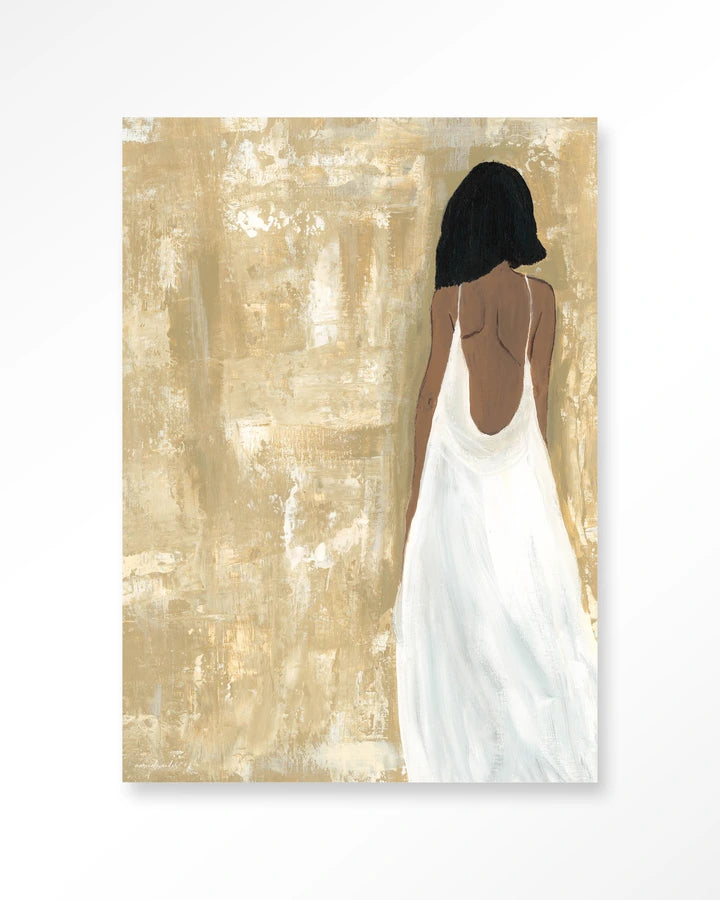 Kunsttrykk på syrefritt papir. Motiv: Dame med ryggen mot. Bildemotiv med lbeige, hvite og brune toner.