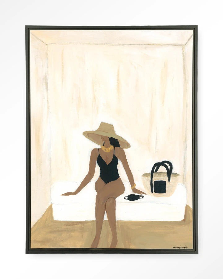 Kunsttrykk på lerret i svart ramme. Bildemotiv i sandfarger, beige jordtoner.