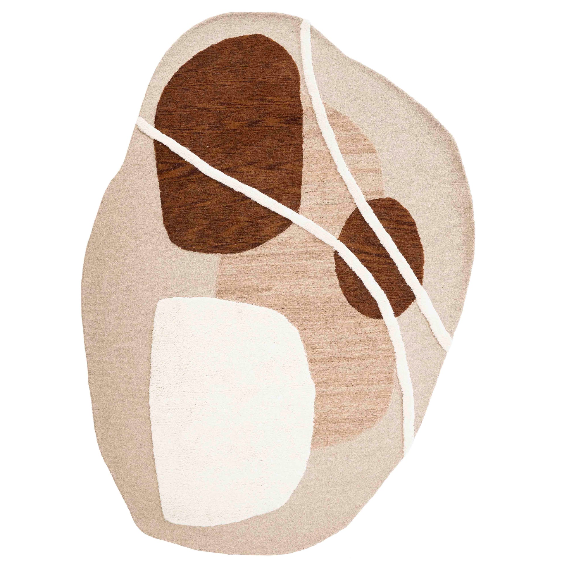 Gulvteppe i organiske former. Beige grrunnfarge med brune og hvite fargeflater.