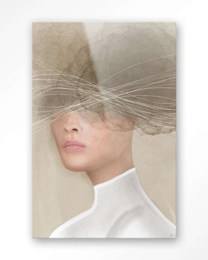 Kunsttrykk på syrefritt papir, lerret og glass. Motiv av kvinne med hodet i en mørk sky. Beige, myke fargetoner.