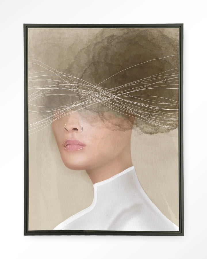 Kunsttrykk på syrefritt papir, lerret og glass. Motiv av kvinne med hodet i en mørk sky. Beige, myke fargetoner.