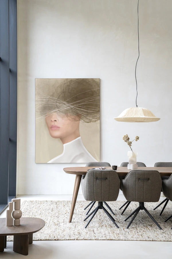 Kunsttrykk på syrefritt papir, lerret og glass. Motiv av kvinne med hodet i en mørk sky. Beige, myke fargetoner.