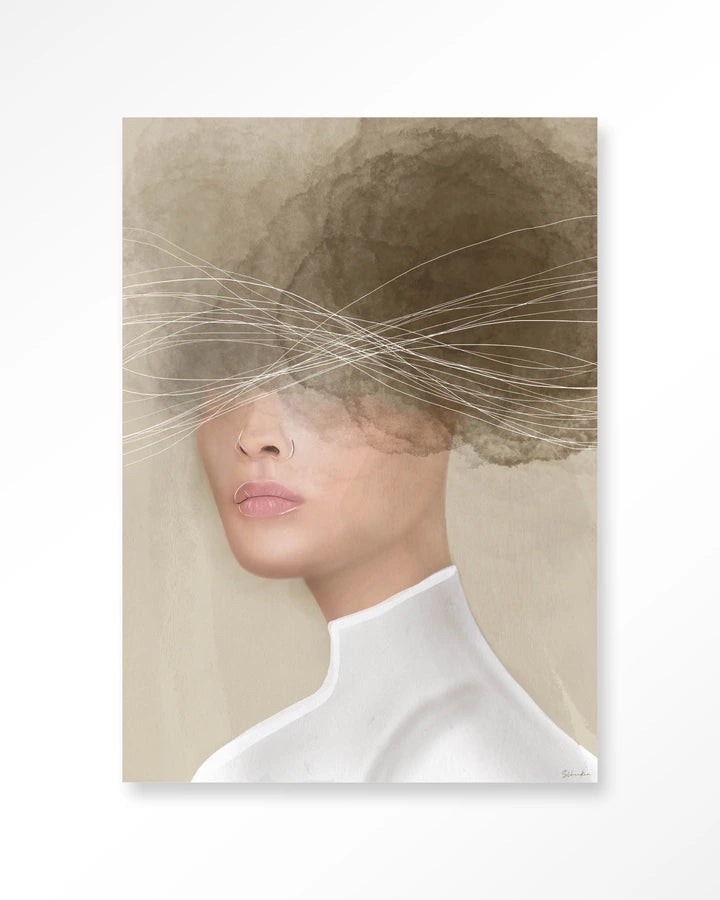 Kunsttrykk på syrefritt papir, lerret og glass. Motiv av kvinne med hodet i en mørk sky. Beige, myke fargetoner.