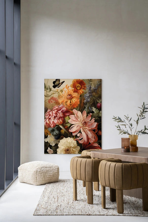 Kunsttrykk på syrefritt papir, lerret og glass. Frodige blomster i rik fargepalett.