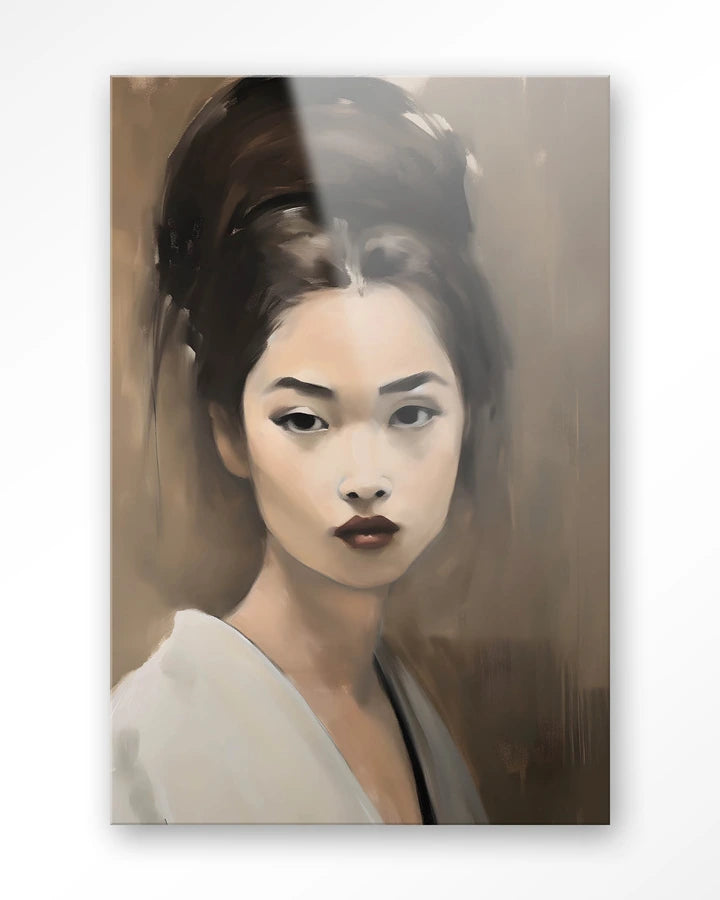 Kunsttrykk på syrefritt papir, lerret og glass. Motiv: portrett av en ung kvinne med blikket rettet mot tilskueren.