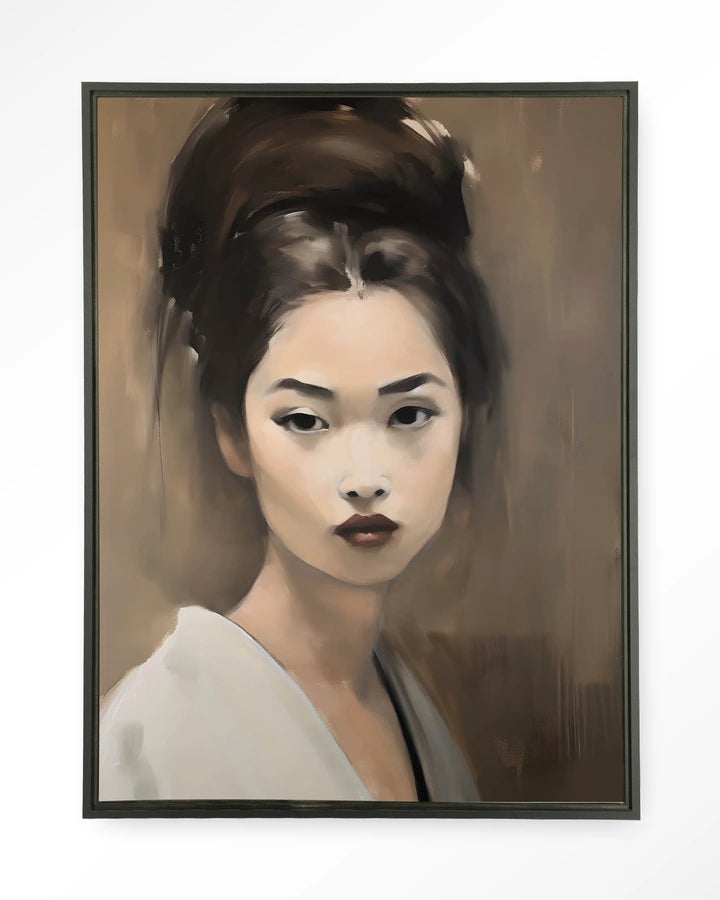 Kunsttrykk på syrefritt papir, lerret og glass. Motiv: portrett av en ung kvinne med blikket rettet mot tilskueren.