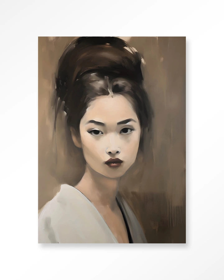 Kunsttrykk på syrefritt papir, lerret og glass. Motiv: portrett av en ung kvinne med blikket rettet mot tilskueren.