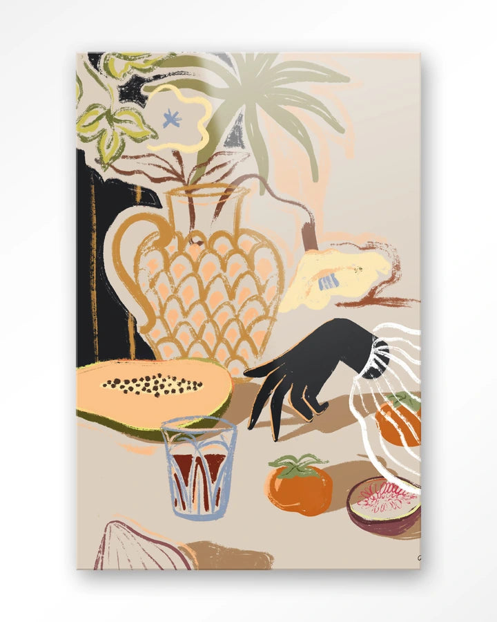 Kunsttrykk på syrefritt papir, lerret og glass. Motiv: et dekket bord med blomster, frukt og grønnsaker og en hånd som trer inn i bildet.