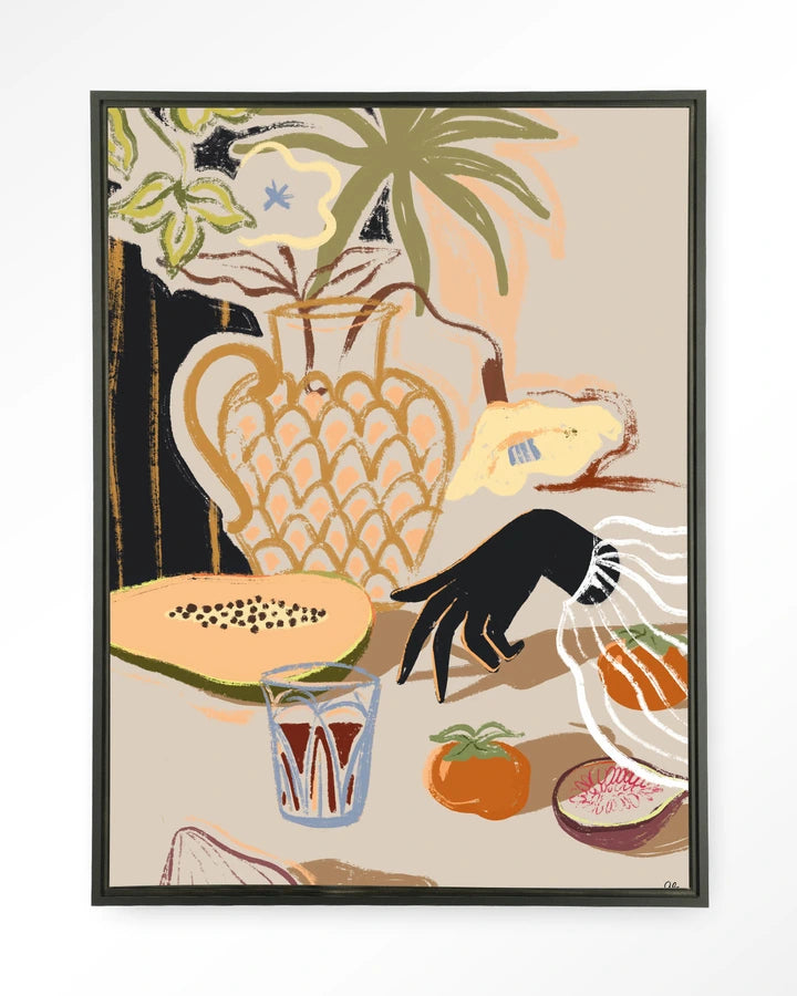 Kunsttrykk på syrefritt papir, lerret og glass. Motiv: et dekket bord med blomster, frukt og grønnsaker og en hånd som trer inn i bildet.