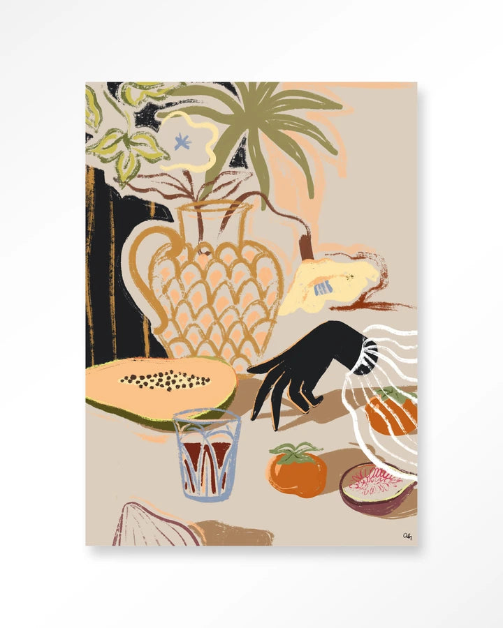 Kunsttrykk på syrefritt papir, lerret og glass. Motiv: et dekket bord med blomster, frukt og grønnsaker og en hånd som trer inn i bildet.