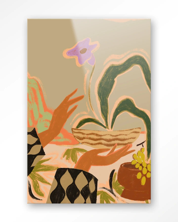 Kunsttrykk på syrefritt papir, lerret og glass. Motiv: hender som holder en blomsterkrukke. 