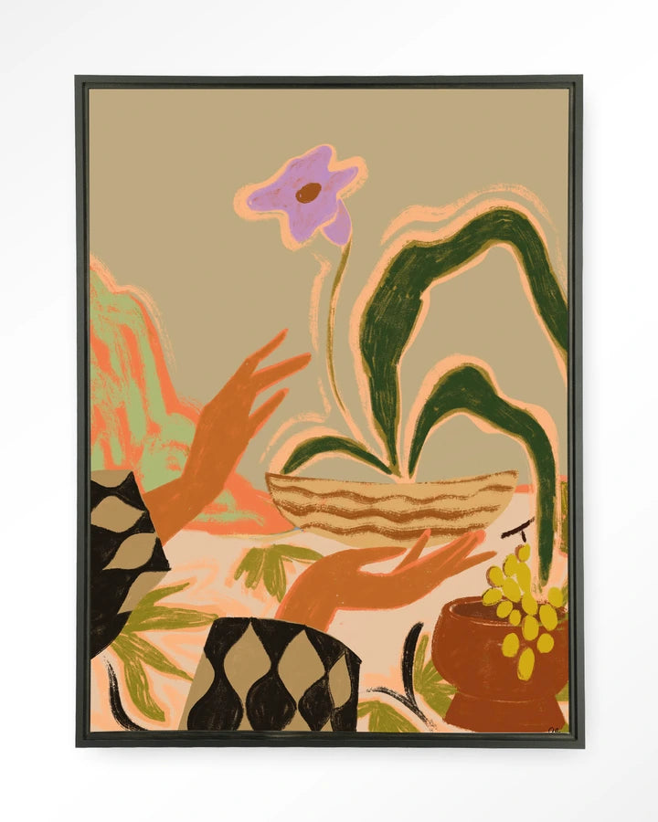 Kunsttrykk på syrefritt papir, lerret og glass. Motiv: hender som holder en blomsterkrukke. 