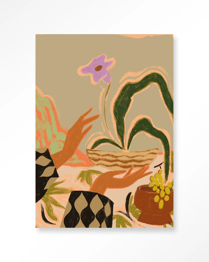 Kunsttrykk på syrefritt papir, lerret og glass. Motiv: hender som holder en blomsterkrukke. 