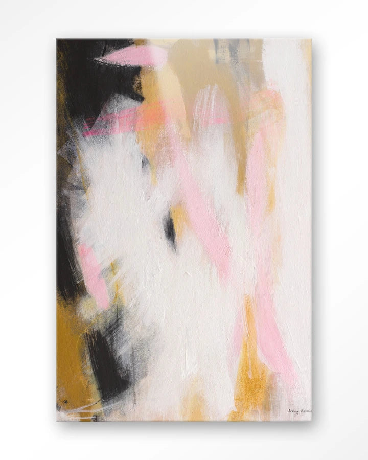 Kunsttrykk på syrefritt papir, lerret og glass. Abstrakt motiv med store penselstrøk og fargeflater.