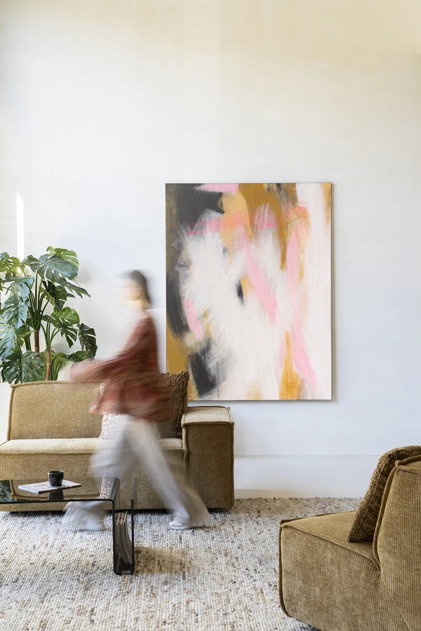 Kunsttrykk på syrefritt papir, lerret og glass. Abstrakt motiv med store penselstrøk og fargeflater.