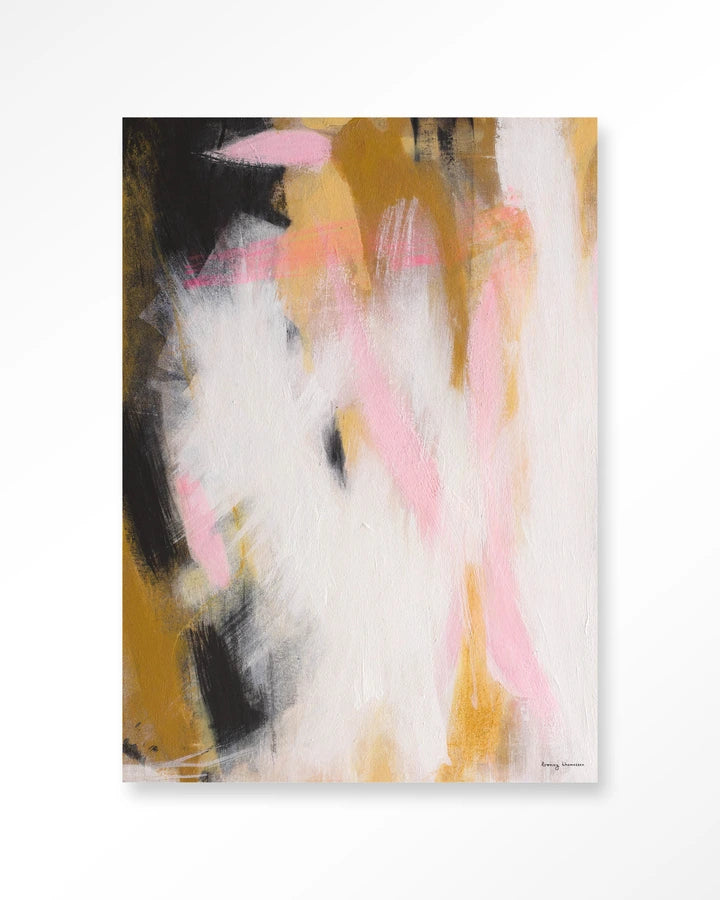 Kunsttrykk på syrefritt papir, lerret og glass. Abstrakt motiv med store penselstrøk og fargeflater.