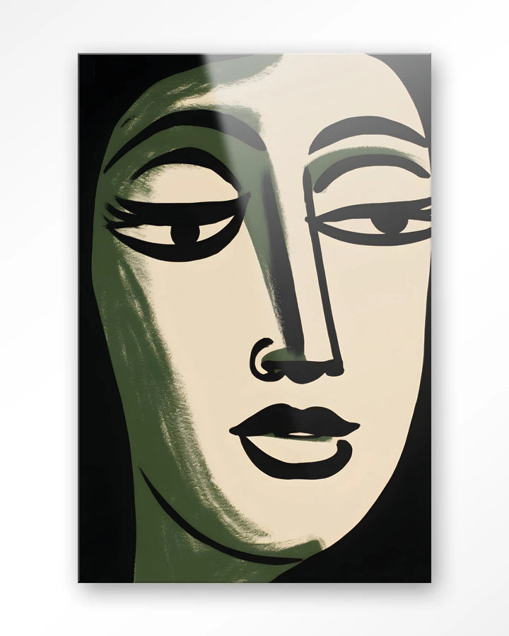 Maleri av ansikt i stilisert og forenklet form. Kontraster mellom lyse og mørke farger. Kunsttrykk på syrefritt papir, lerret og glass. 