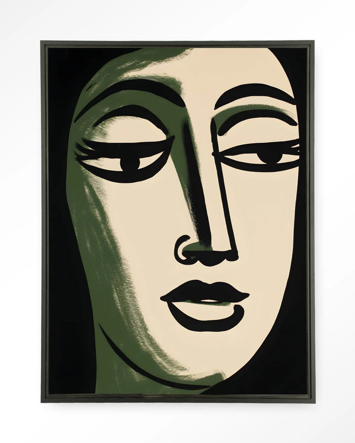 Maleri av ansikt i stilisert og forenklet form. Kontraster mellom lyse og mørke farger. Kunsttrykk på syrefritt papir, lerret og glass. 