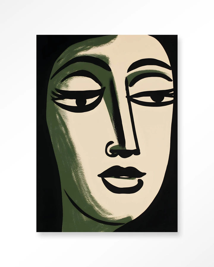 Maleri av ansikt i stilisert og forenklet form. Kontraster mellom lyse og mørke farger. Kunsttrykk på syrefritt papir, lerret og glass. 