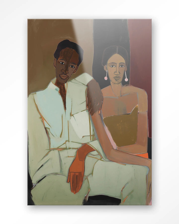 Maleri med mann og dame sittende tett sammen. Kunsttrykk på syrefritt papir, lerret og glass. 