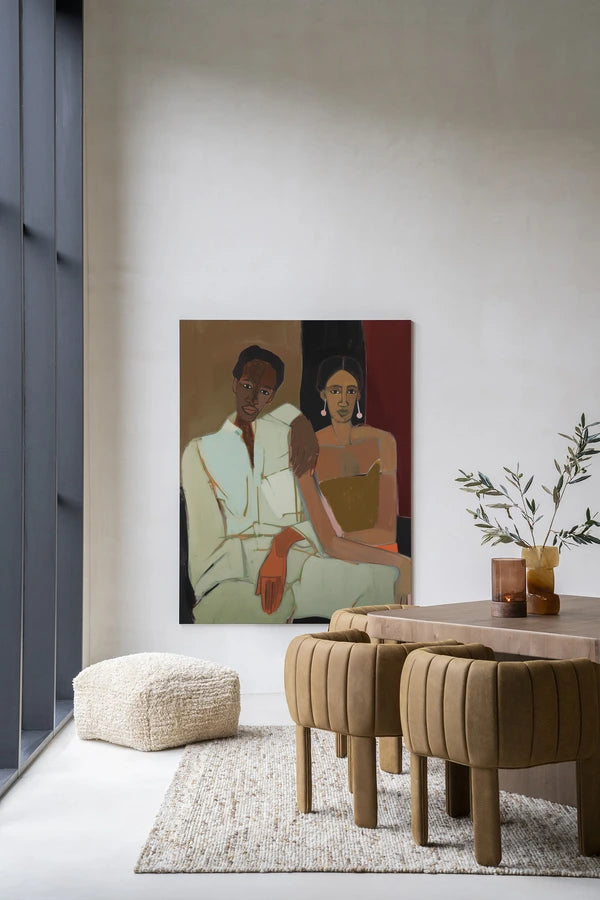 Maleri med mann og dame sittende tett sammen. Kunsttrykk på syrefritt papir, lerret og glass. 