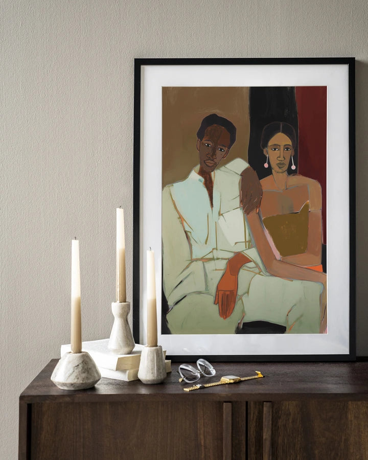 Maleri med mann og dame sittende tett sammen. Kunsttrykk på syrefritt papir, lerret og glass. 