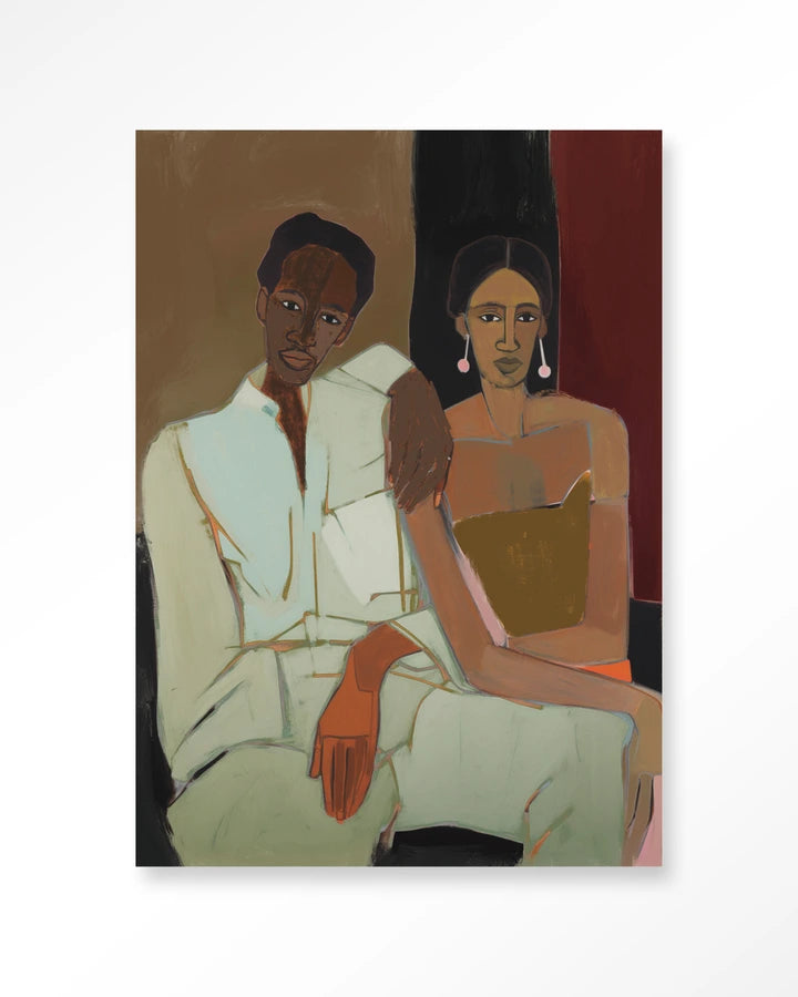 Maleri med mann og dame sittende tett sammen. Kunsttrykk på syrefritt papir, lerret og glass. 