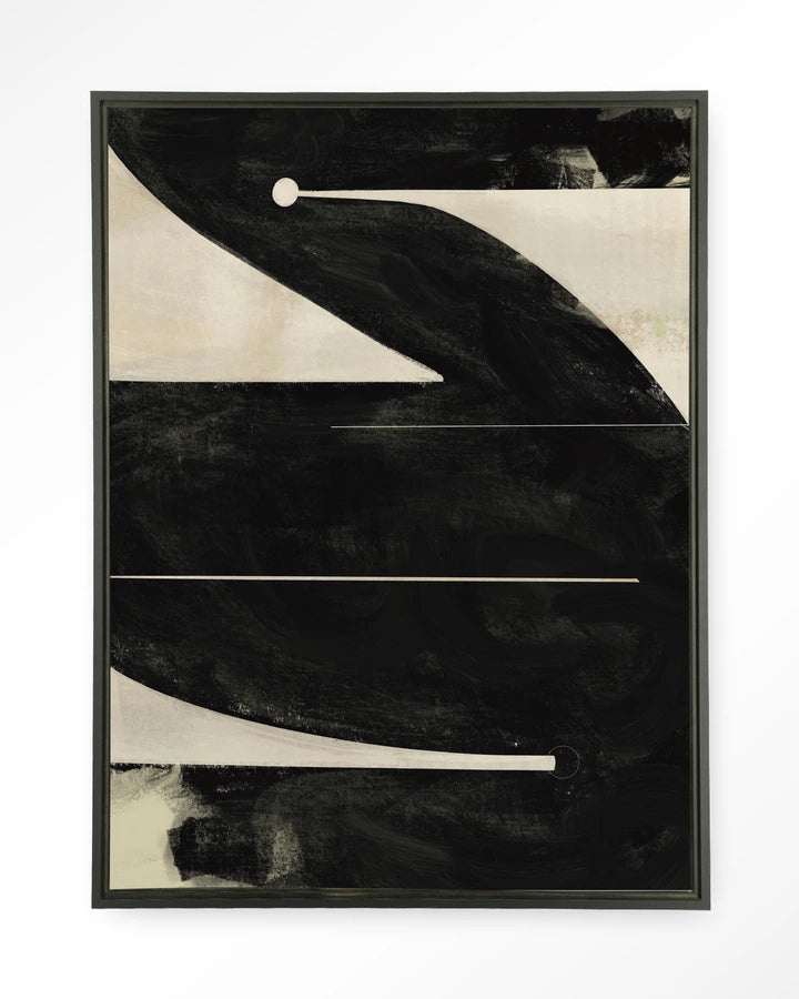 Abstrakt bildekunst i svart og lyse kremfarger. Kunsttrykk på syrefritt papir, lerret og glass. 