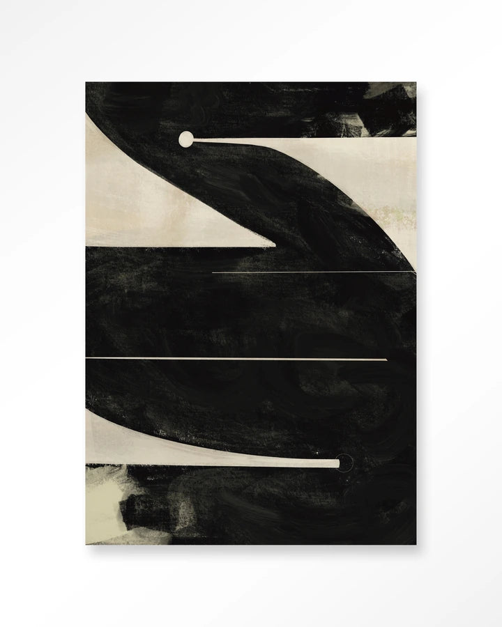 Abstrakt bildekunst i svart og lyse kremfarger. Kunsttrykk på syrefritt papir, lerret og glass. 