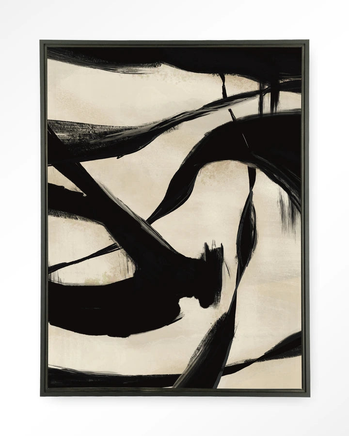 Abstrakt bildekunst med høy kontrast mellom svart og beige.A Kunsttrykk på syrefritt papir, lerret og glass. 