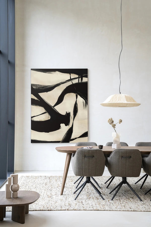 Abstrakt bildekunst med høy kontrast mellom svart og beige.A Kunsttrykk på syrefritt papir, lerret og glass. 