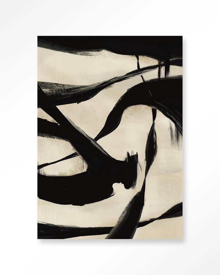 Abstrakt bildekunst med høy kontrast mellom svart og beige.A Kunsttrykk på syrefritt papir, lerret og glass. 